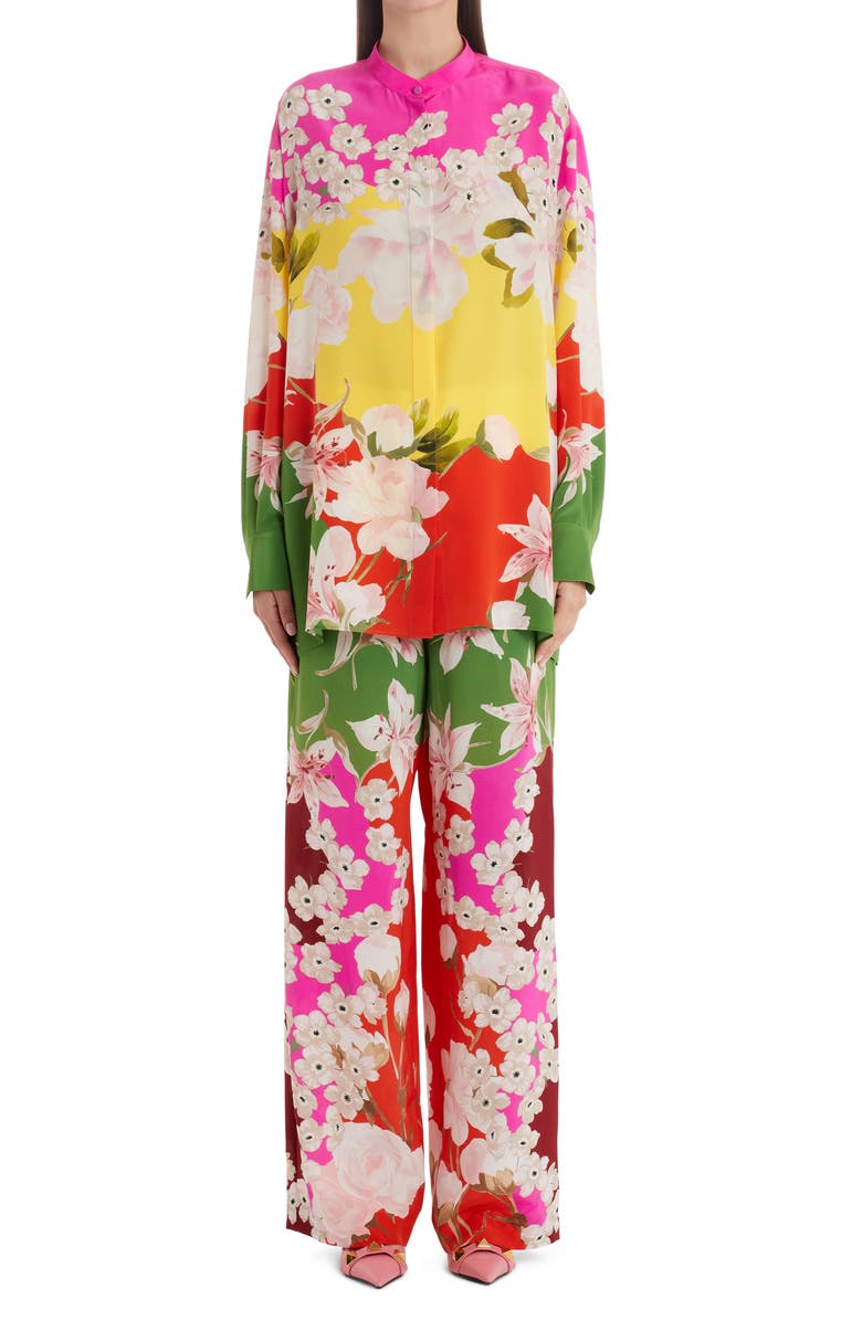 Valentino Floral Wide Leg Silk Crepe Pants, Alternate, color,