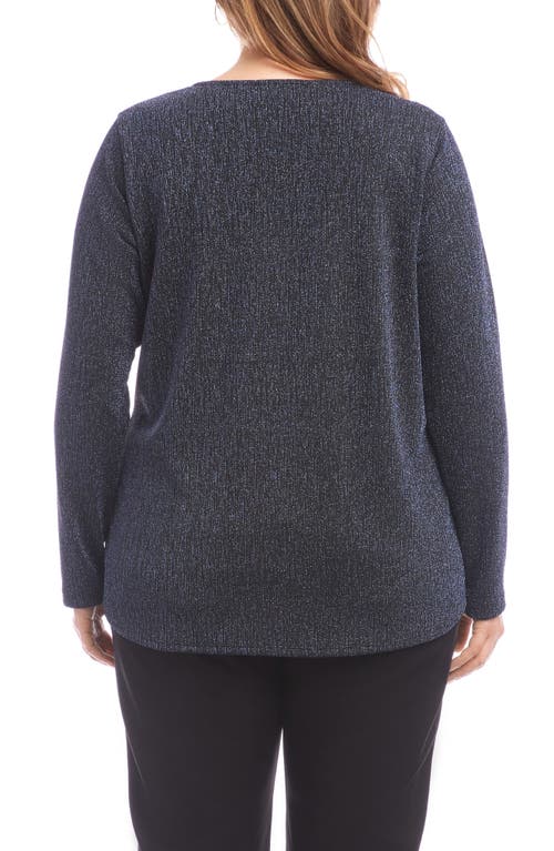 Karen Kane Metallic Knit Side Drape Long Sleeve Top In Blue