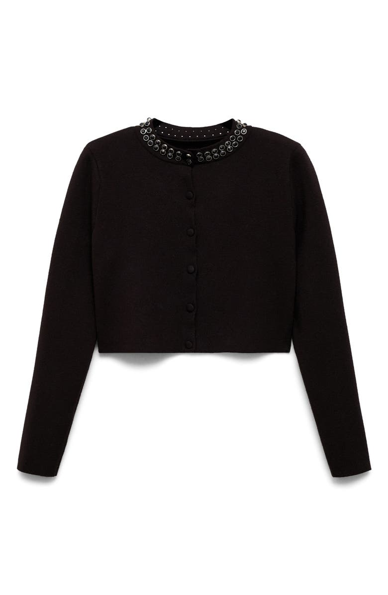 MANGO Rhinestone Collar Cardigan, Alternate, color, Black