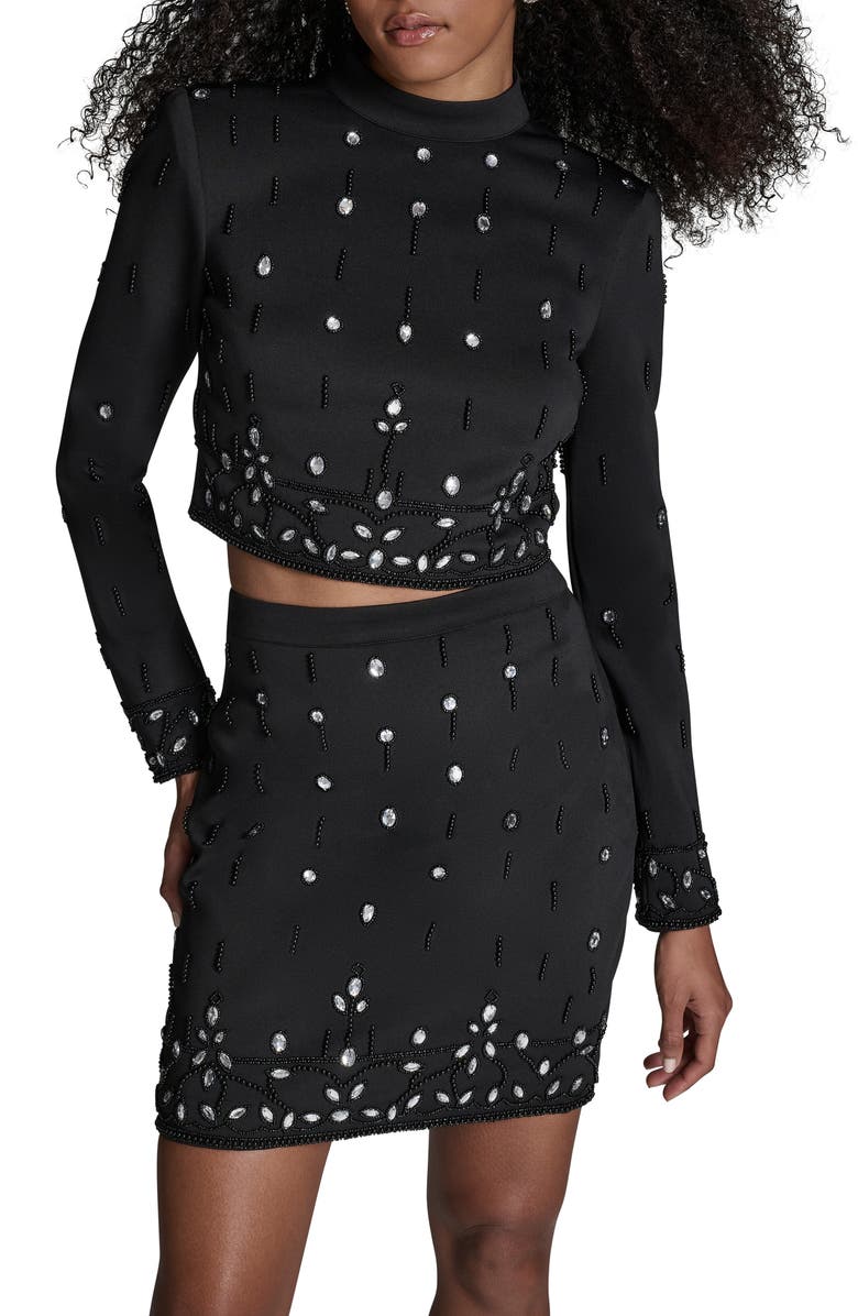 BCBG Crystal & Bead Detail Long Sleeve Top & Miniskirt Set, Alternate, color, 