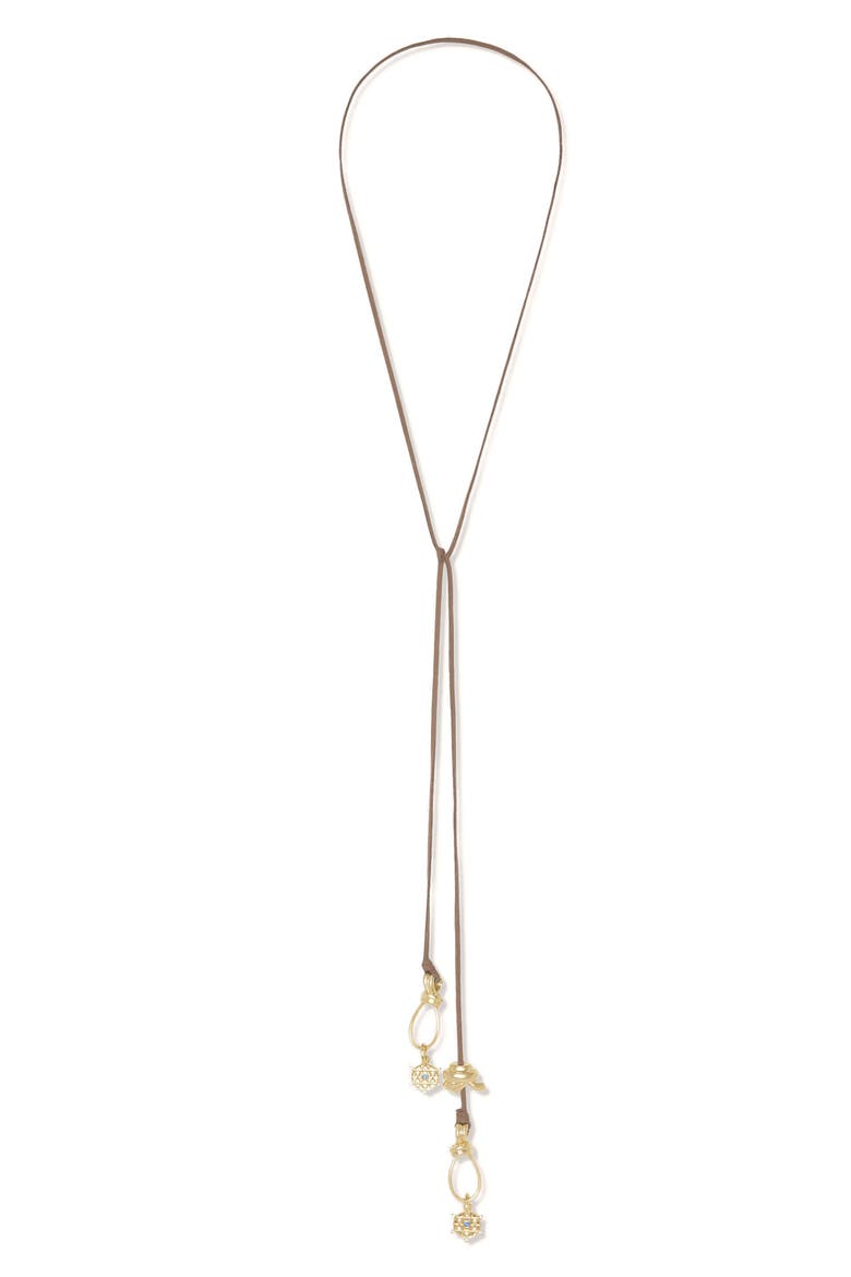 Elle Cubic Zirconia Hide Rope Necklace, Alternate, color, BROWN/ GOLD