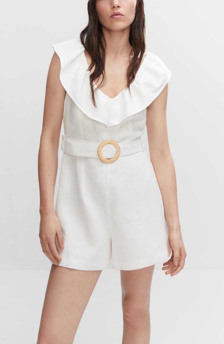 MANGO Ruffle Belted Linen Romper, Alternate, color, 