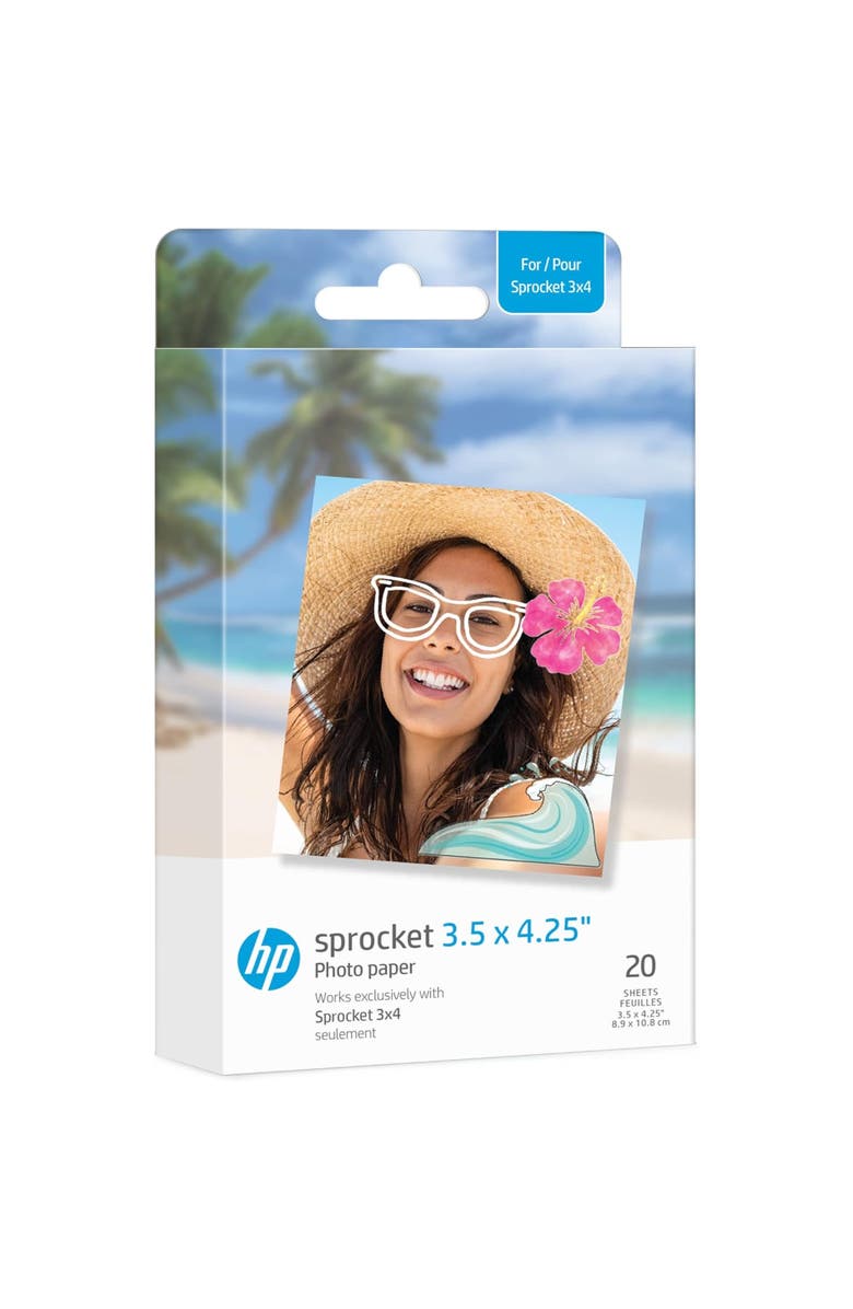 HP Sprocket 3.5x4.25" Zink Sticky-backed Photo Paper (20 Pack) for the HP Sprocket 3x4 Photo Printer, Main, color, 20-Pack