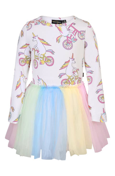 Kids
 Unicorn Circus Print Long Sleeve Tulle Party Dress (Toddler, Little Kid 
Big Kid)