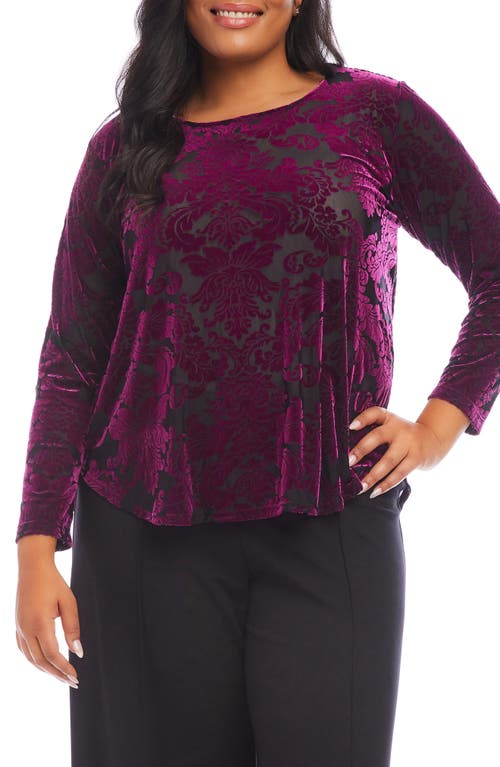 Karen Kane Floral Velvet Burnout Shirttail Top In Burgundy