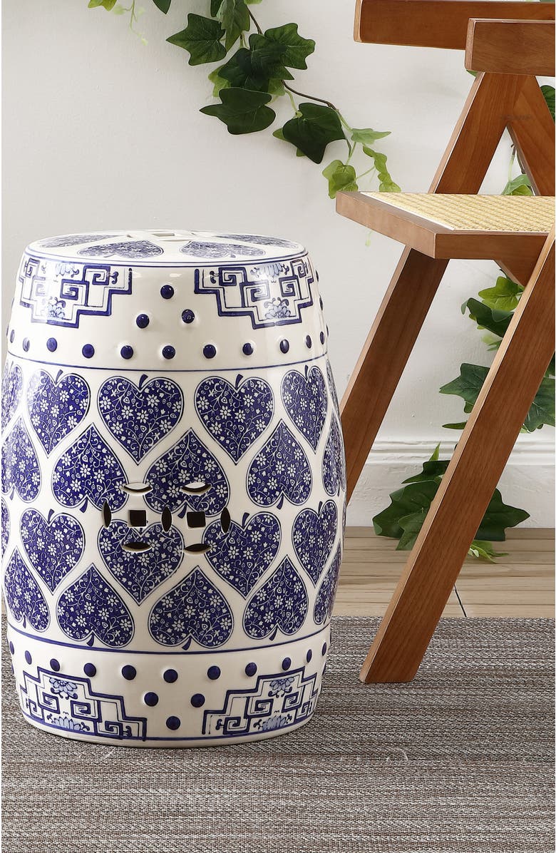 JONATHAN Y Happy Hearts 17.8" Chinoiserie Ceramic Drum Garden Stool, Alternate, color, Blue/White