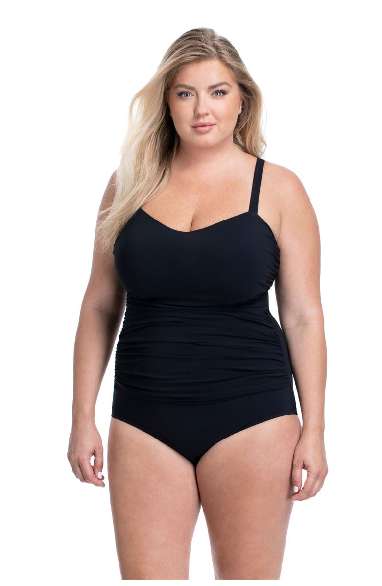 Profile by Gottex Tutti Frutti Plus Size Sweetheart Neck Shirred One Piece, Main, color, Black