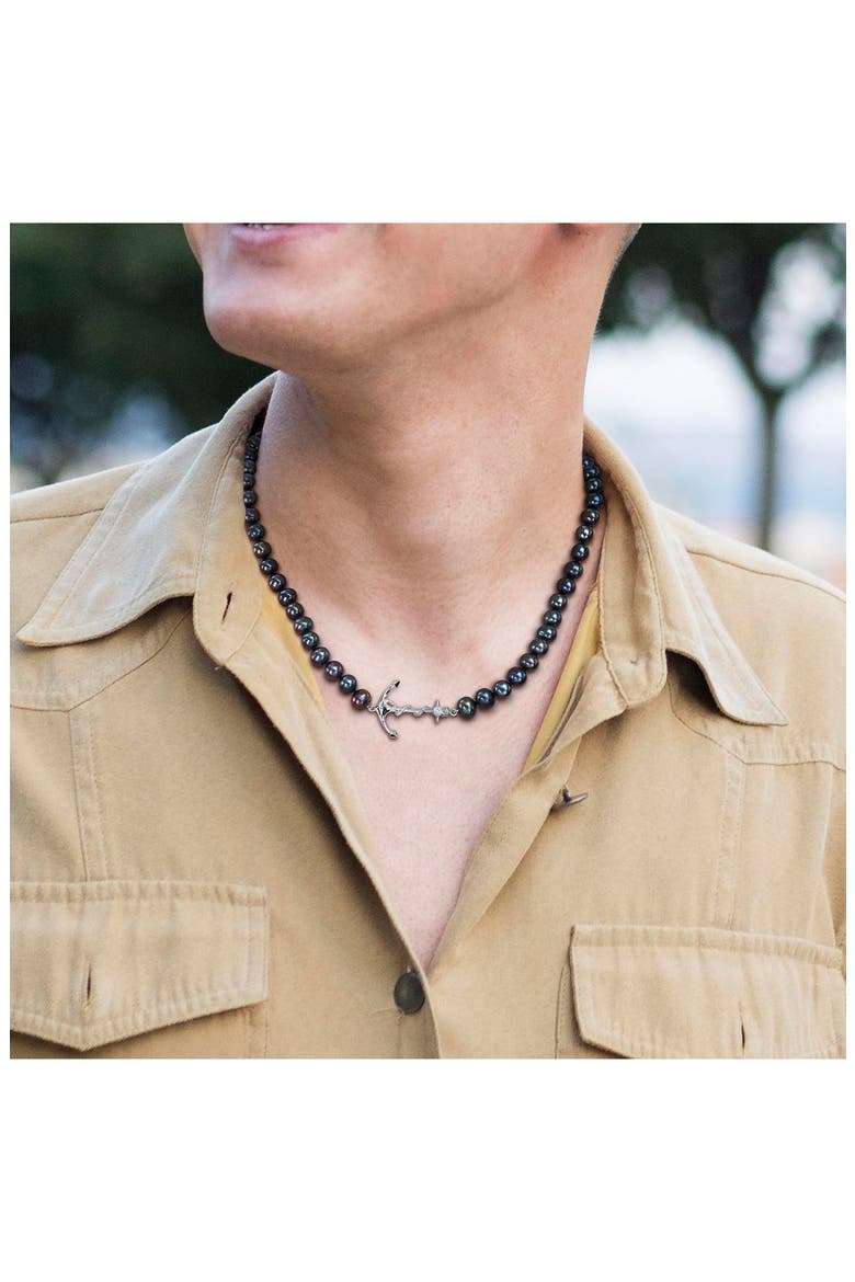 Men's Cultured Freshwater Pearl Black Diamond Crown Pendant Necklace - 0.36ct., Alternate, color, BLACK