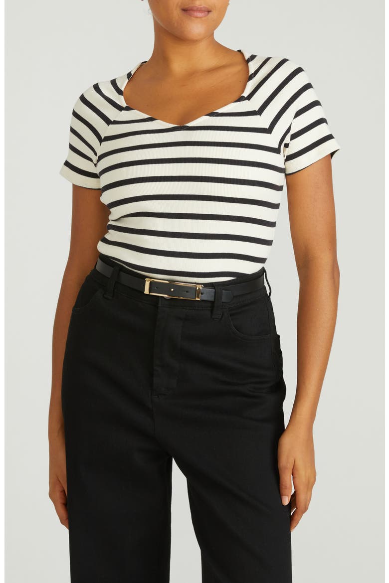 Carey Stripe V-Neck Cotton Rib Top, Main, color, ECRU/ BLACK STRIPE