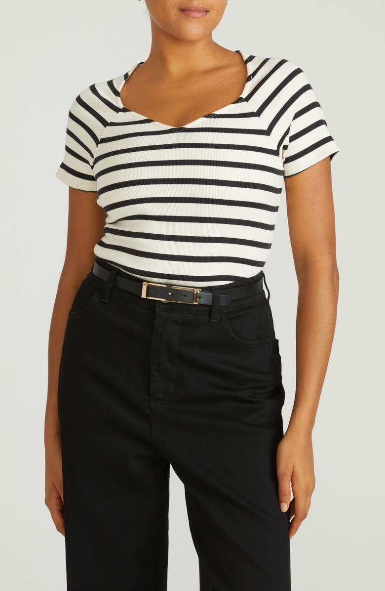 Universal Standard Carey Stripe V-Neck Cotton Rib Top, Main, color, Ecru/ Black Stripe
