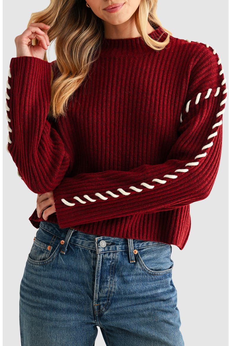 Whipstitch Mock Neck Rib Sweater, Alternate, color, BURGUNDY IVORY