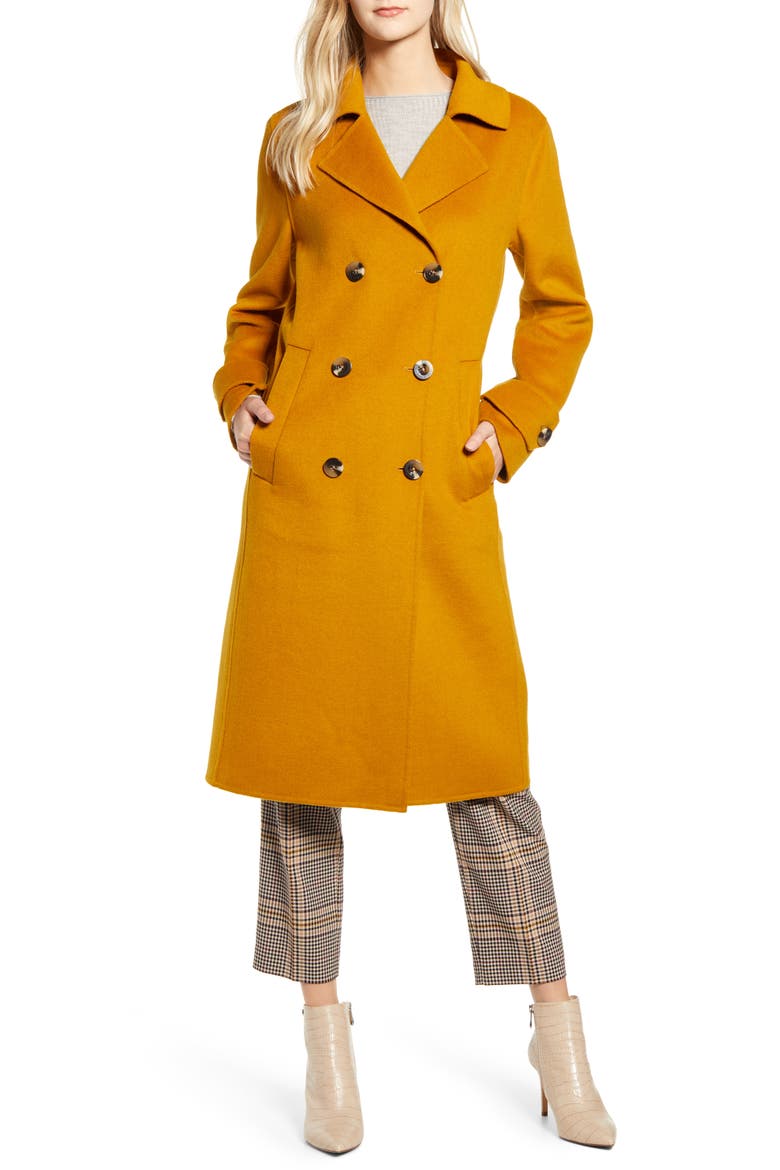 Double Breasted Wool Blend Coat, Alternate, color, MUSTARD YELLOW