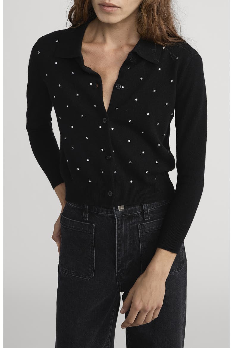 The Rhinestone Collared Wool & Cashmere Cardigan, Main, color, BLACK