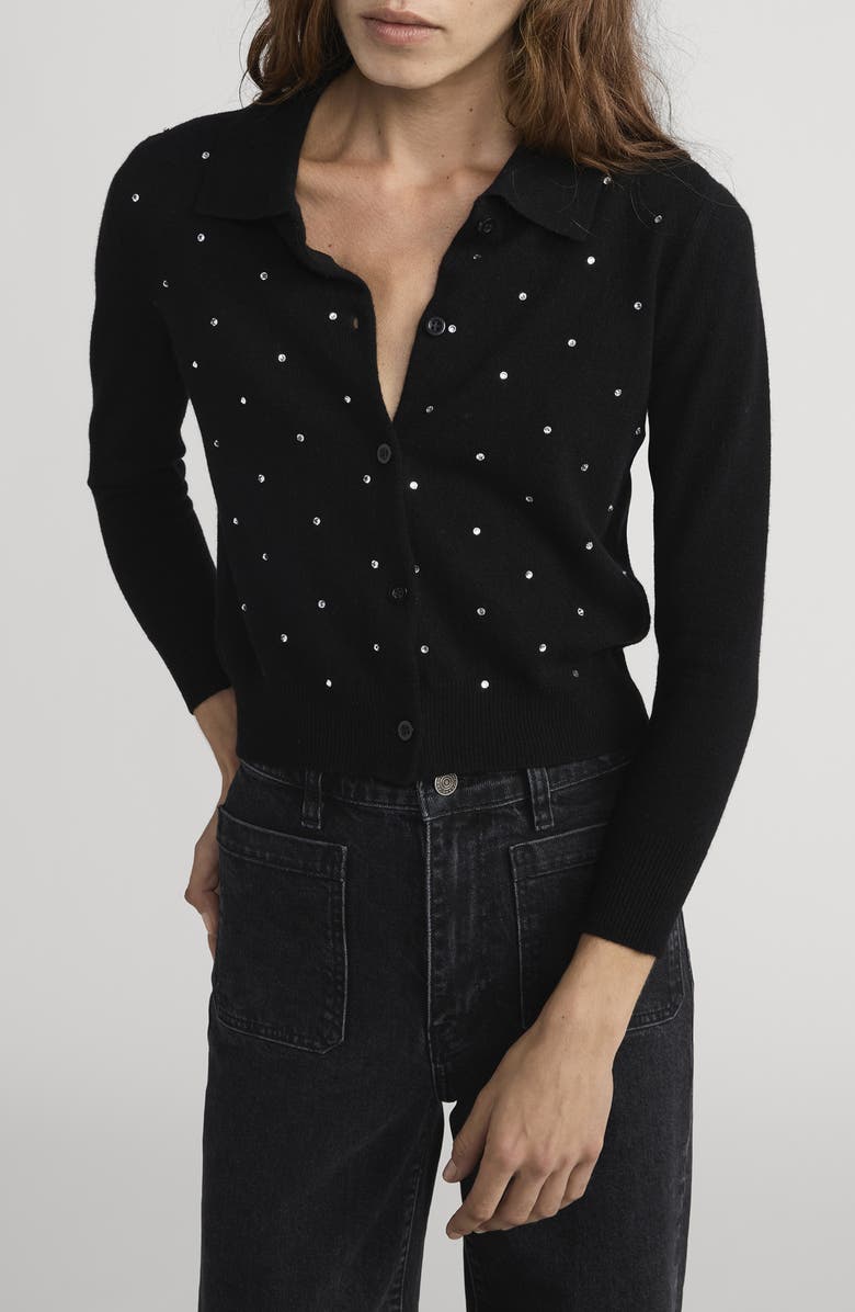 FRAME The Rhinestone Collared Wool & Cashmere Cardigan, Main, color, Black