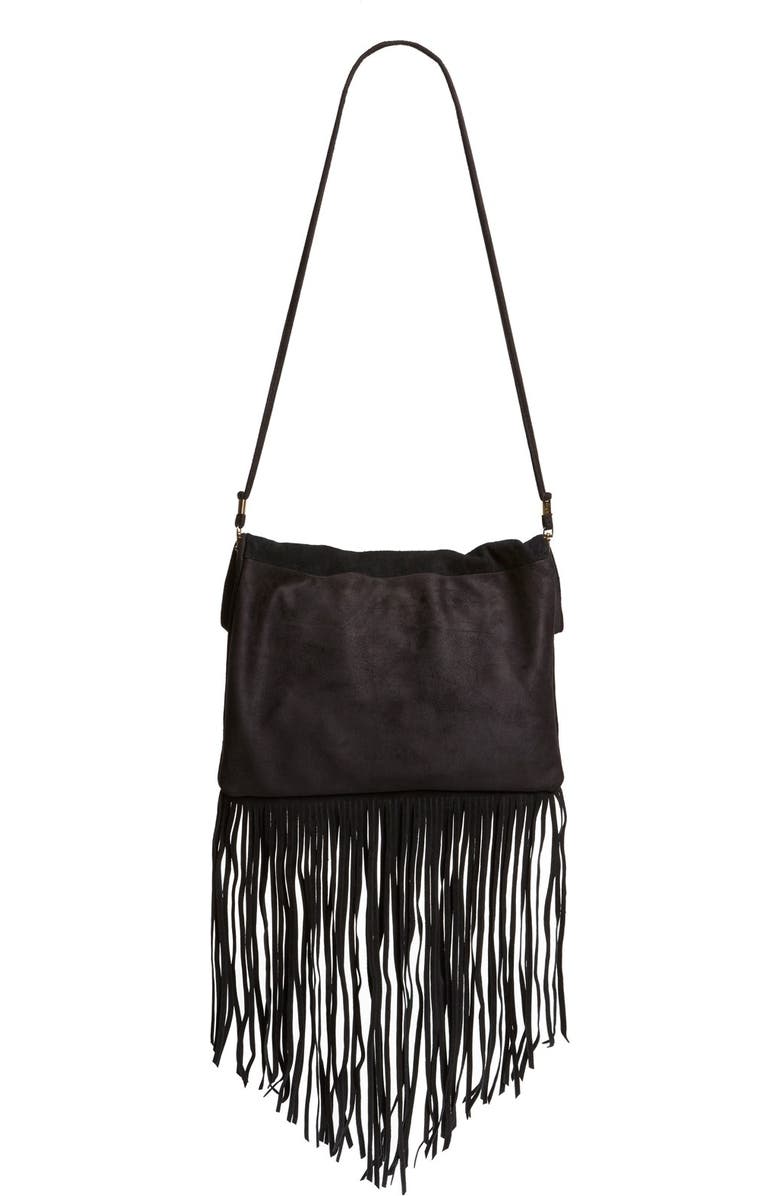 Street Level Suede Fringe Foldover Crossbody Bag, Alternate, color, Black