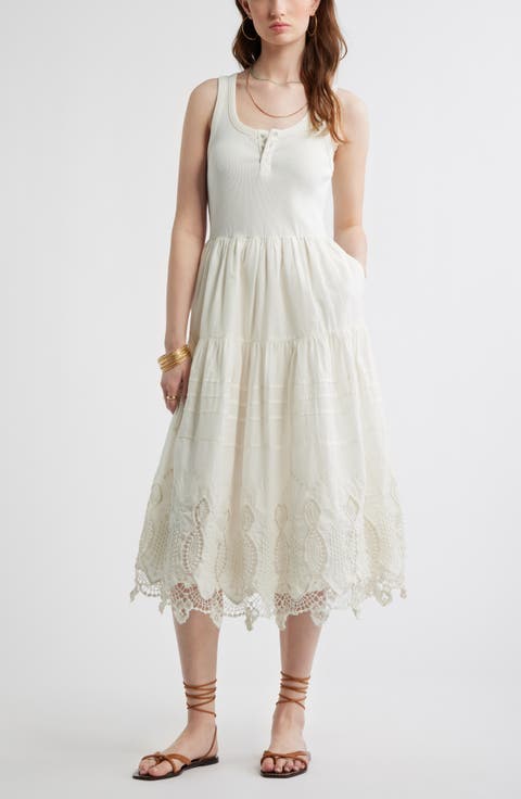 Embroidered Mixed Media Henley Tank Dress