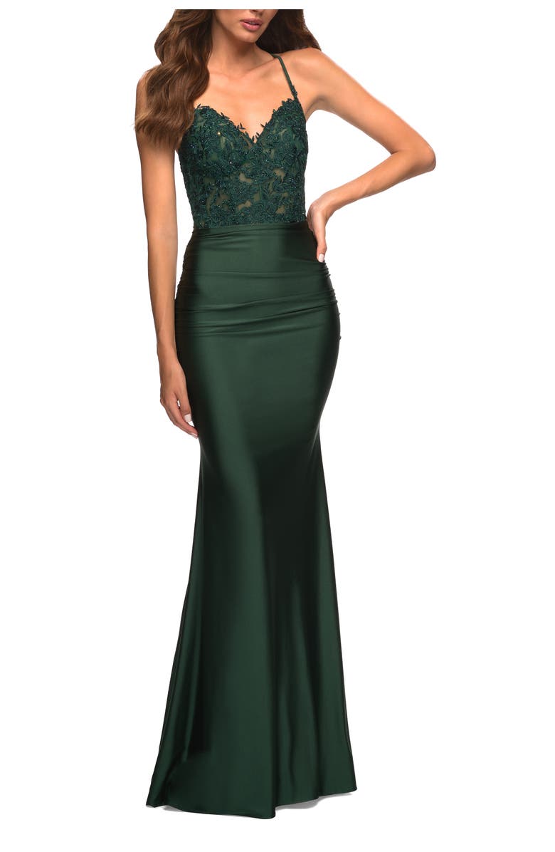 La Femme Jewel Tone Jersey Gown with Sheer Lace Bodice, Main, color, Dark Emerald