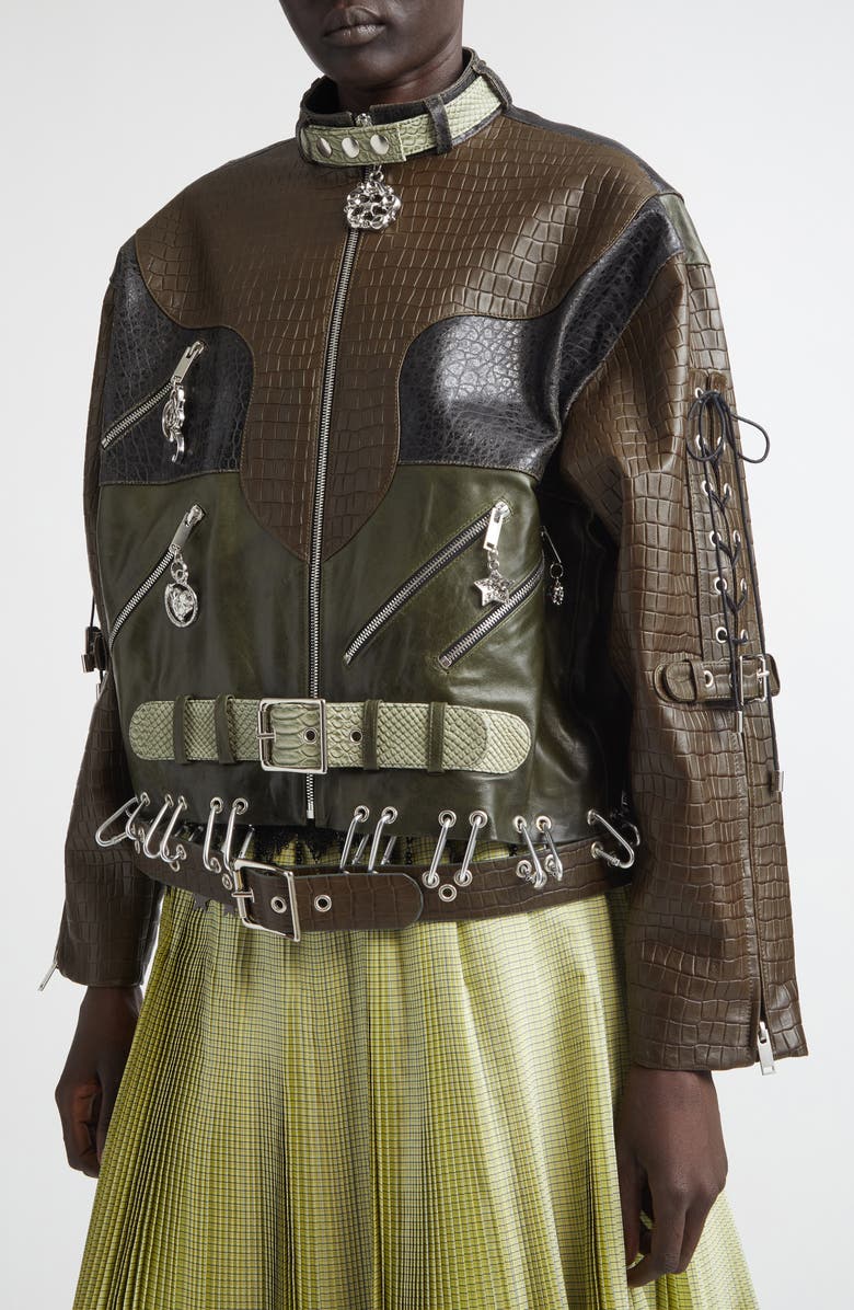 Chopova Lowena Inversion Lace-Up Leather Jacket, Alternate, color, Green Multi