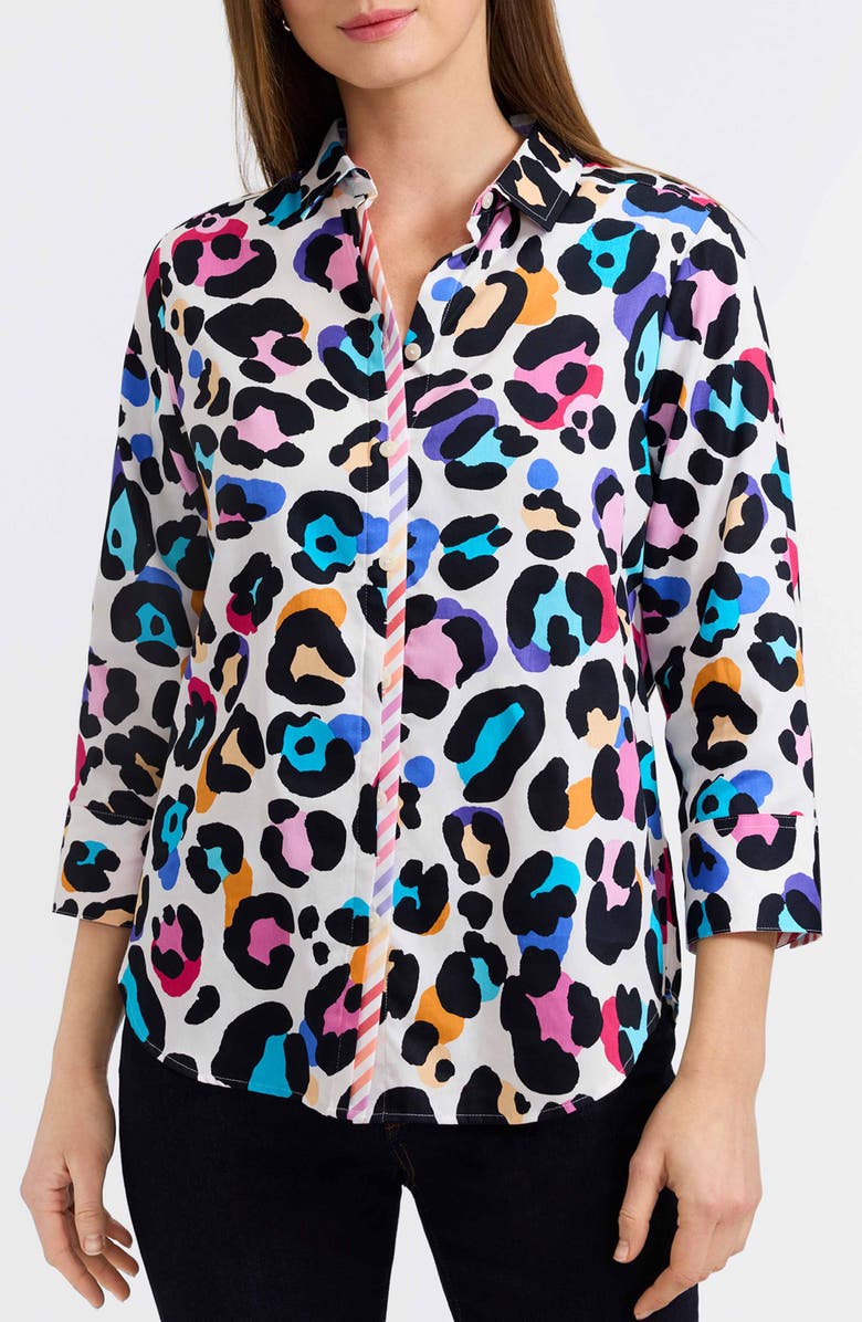 Foxcroft Charlie Colorful Leopard Print Cotton Button-Up Shirt, Main, color, Multi