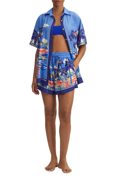Tropical Print Cover-Up Shirt & Shorts Set
