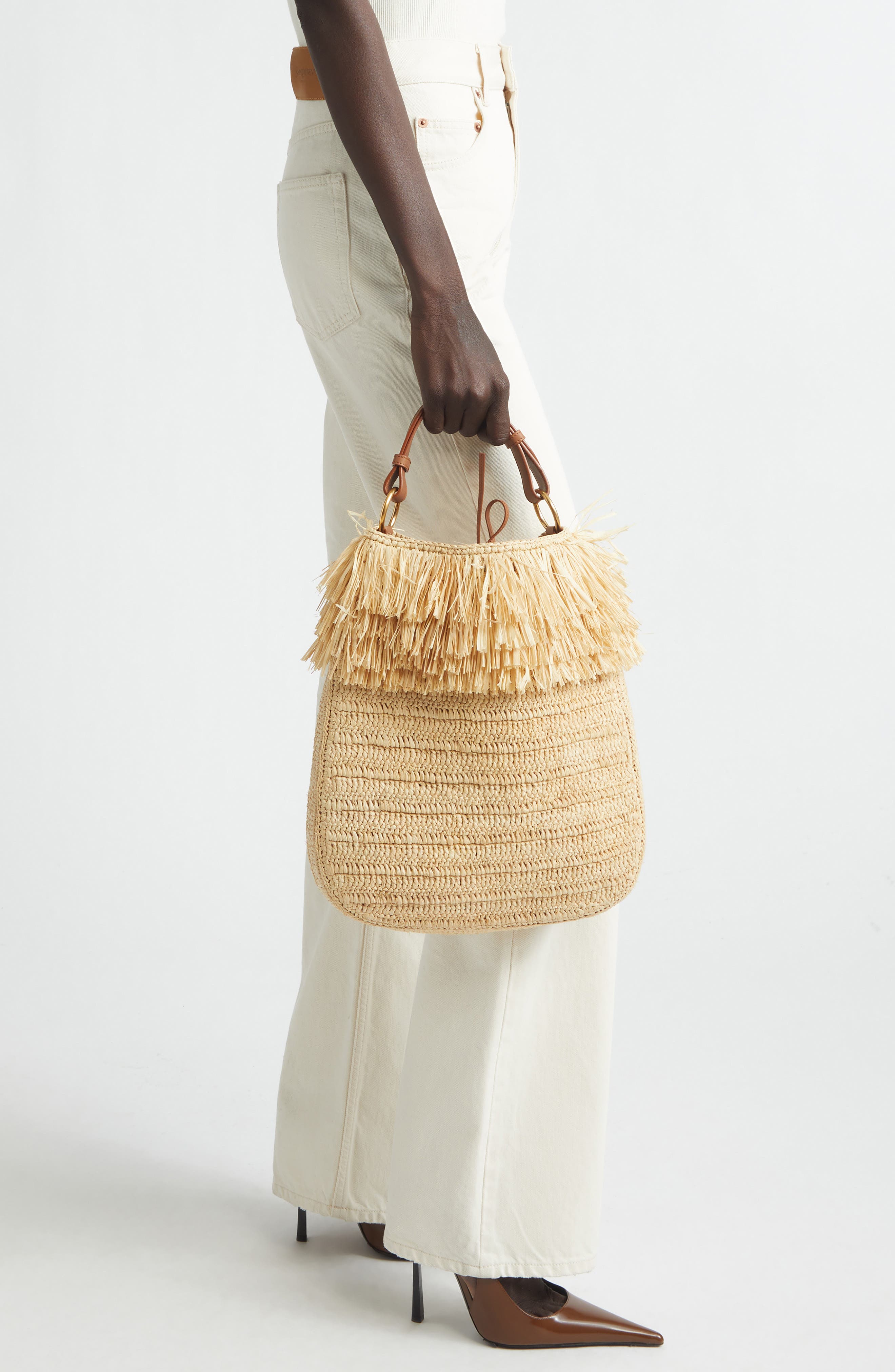 Saint Laurent Roady Fringed Raffia Shoulder Bag11324121, Alternate, color, 2791 Pale Brown/ Brick