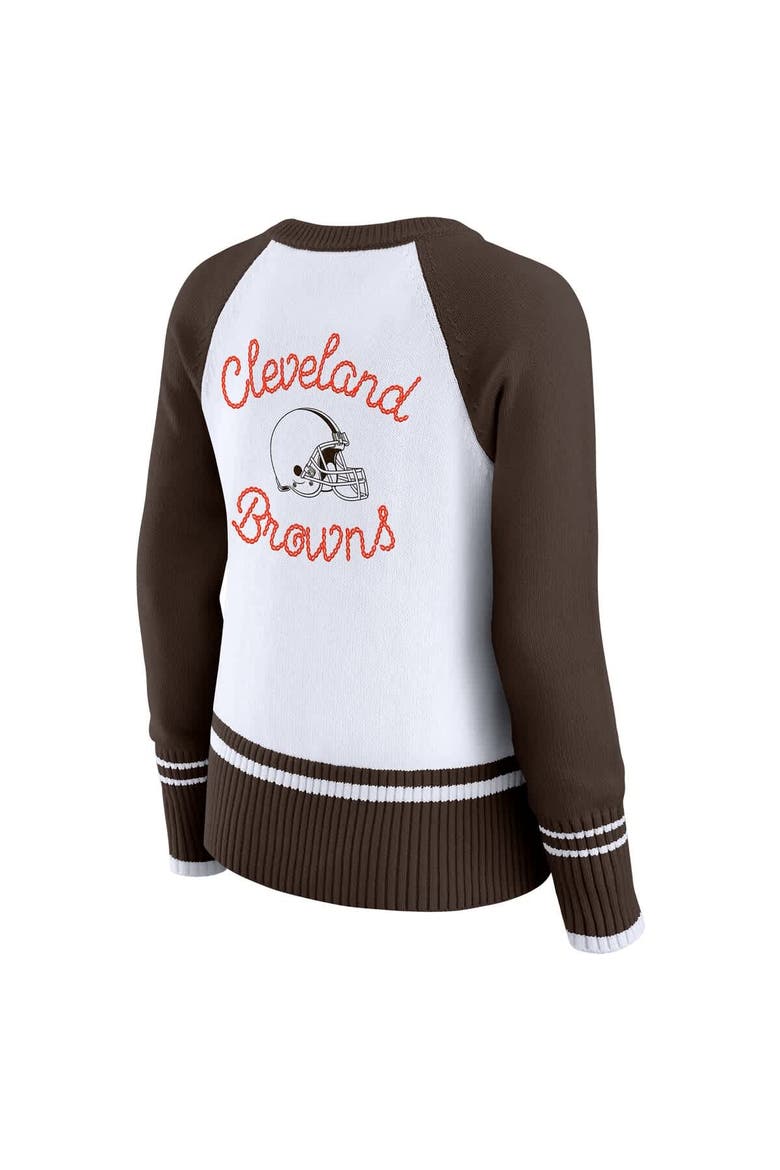 Women's WEAR by Erin Andrews White/Brown Cleveland Browns Colorblock Raglan Sweater, Alternate, color, White