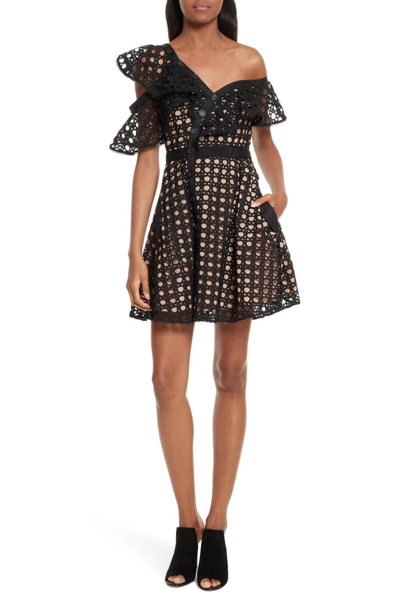 Lace Frill Minidress, Main, color, BLACK