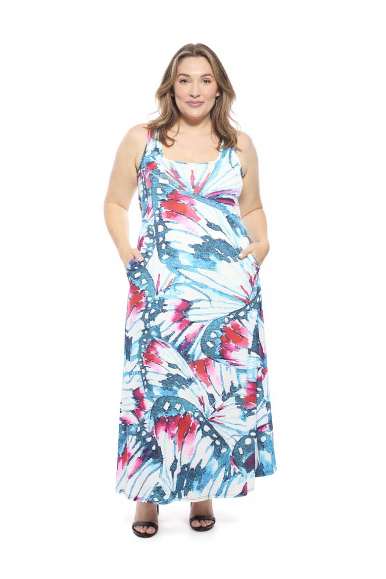 Plus Size Butterfly Sleeveless Scoop Neck A-Line Pocket Maxi Dress, Main, color, Blue Multi