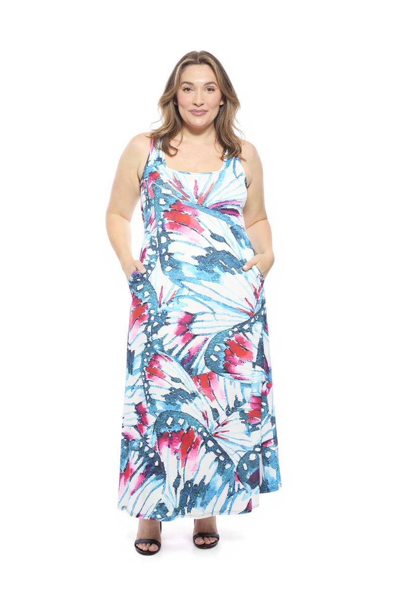 24seven Comfort Apparel Plus Size Butterfly Sleeveless Scoop Neck A-Line Pocket Maxi Dress, Main, color, Blue Multi