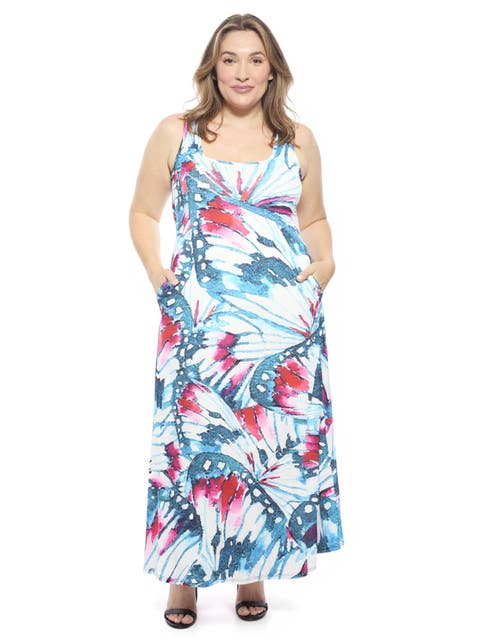 Plus Size Butterfly Sleeveless Scoop Neck A-Line Pocket Maxi Dress