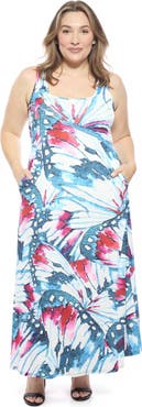 24seven Comfort Apparel Plus Size Butterfly Sleeveless Scoop Neck A-Line Pocket Maxi Dress