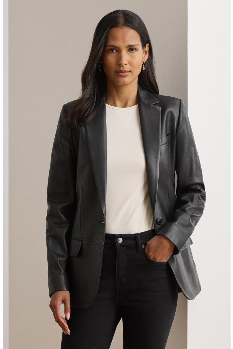 Lambskin Leather Blazer, Alternate, color, BLACK
