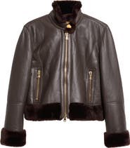 L'AGENCE Glacia Genuine Shearling Trim Leather Jacket