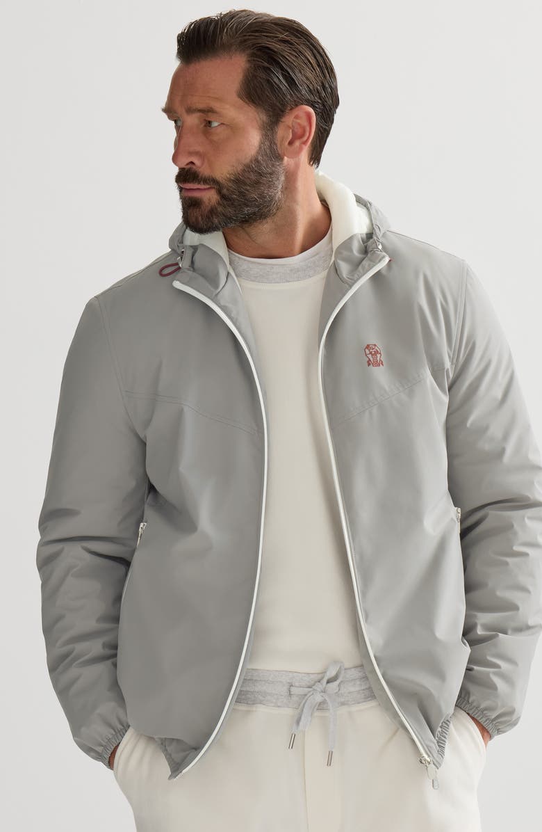 Brunello Cucinelli Bonded nylon hooded outerwear jacket with Thermore<sup>®</sup> padding and logo, Alternate, color, Grey