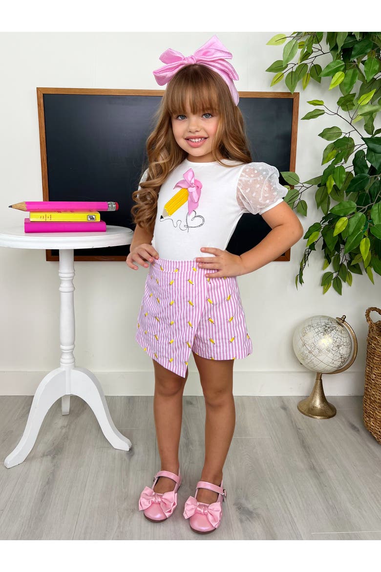 Schoolgirl Chic Puff Sleeve Top and Striped Skort Set, Alternate, color, Pink
