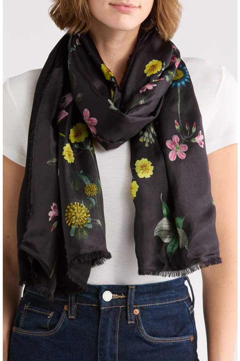 Floral Print Reversible Rectangular Silk Scarf, Main, color, BLACK
