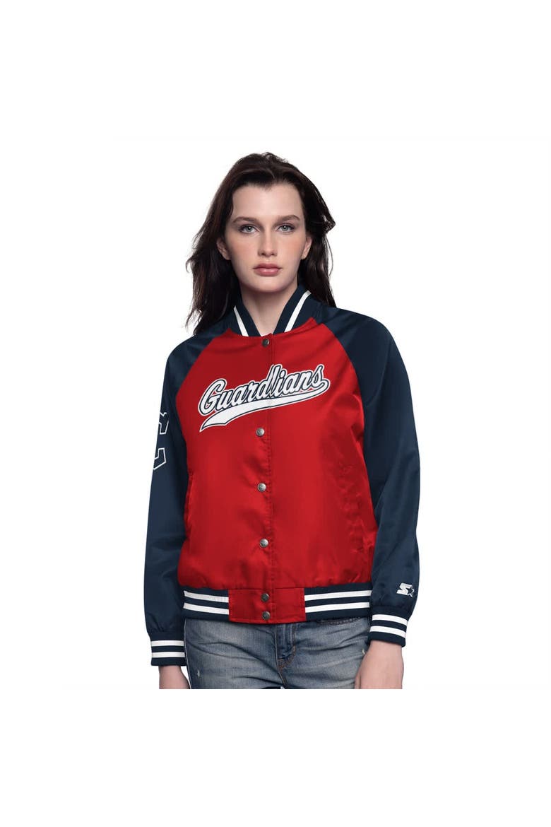 Women's Starter Red/Navy Cleveland Guardians Home Run Full-Snap Varsity Jacket, Main, color, Red