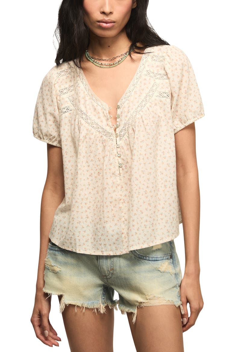 Lace Henley Peasant Top, Main, color, CREAM FLORAL