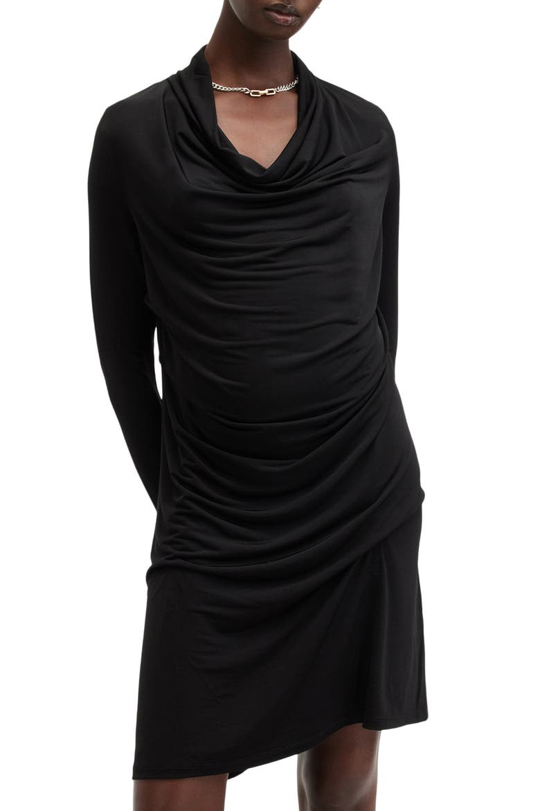 Amei Draped Long Sleeve Minidress, Alternate, color, BLACK