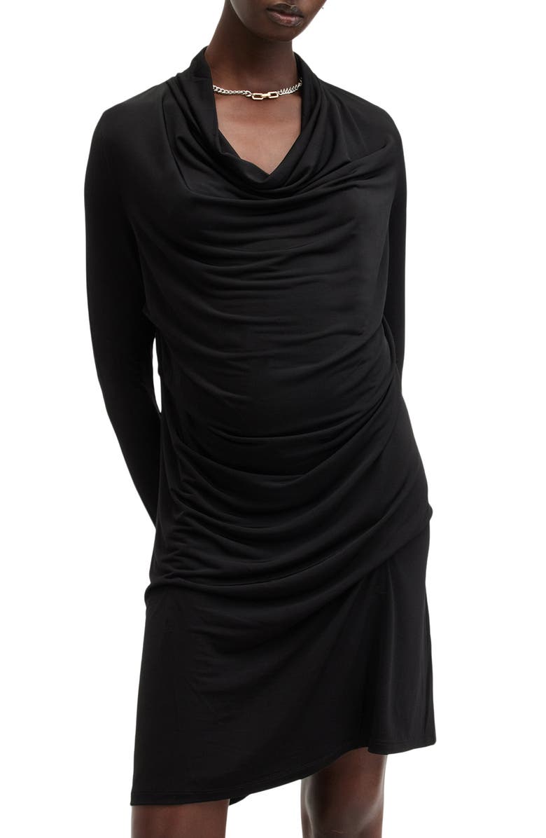 AllSaints Amei Draped Long Sleeve Minidress, Alternate, color, Black