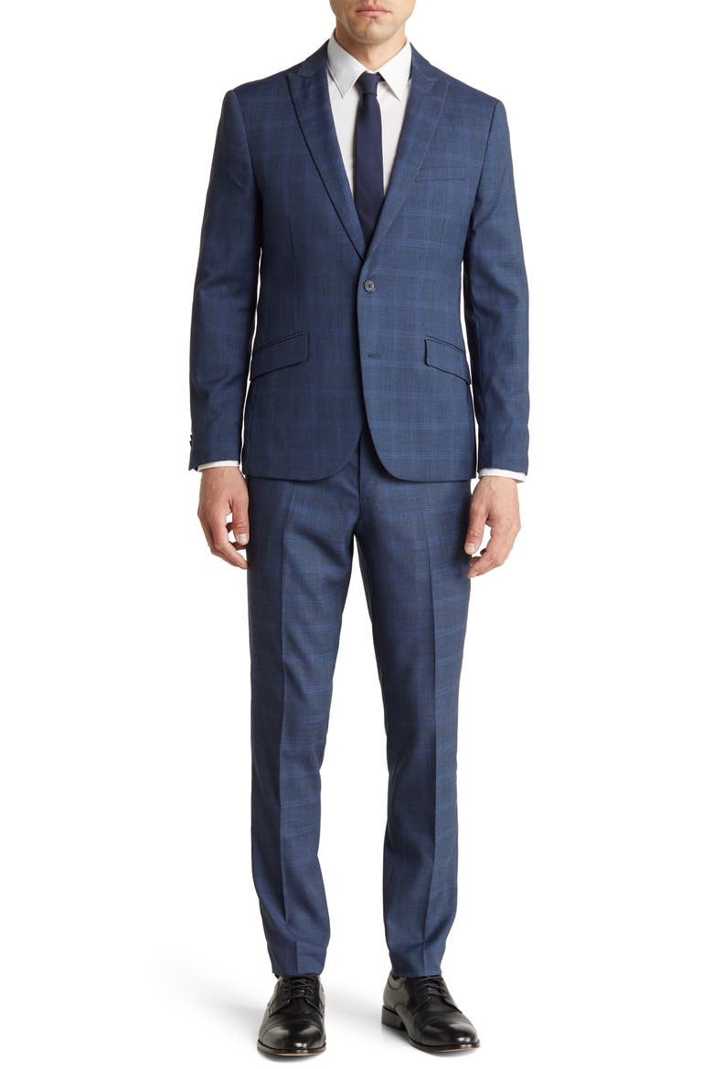 Plaid Peak Lapel Suit, Main, color, NAVY