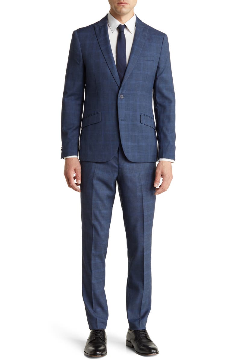 SAVILE ROW CO Plaid Peak Lapel Suit, Main, color, Navy