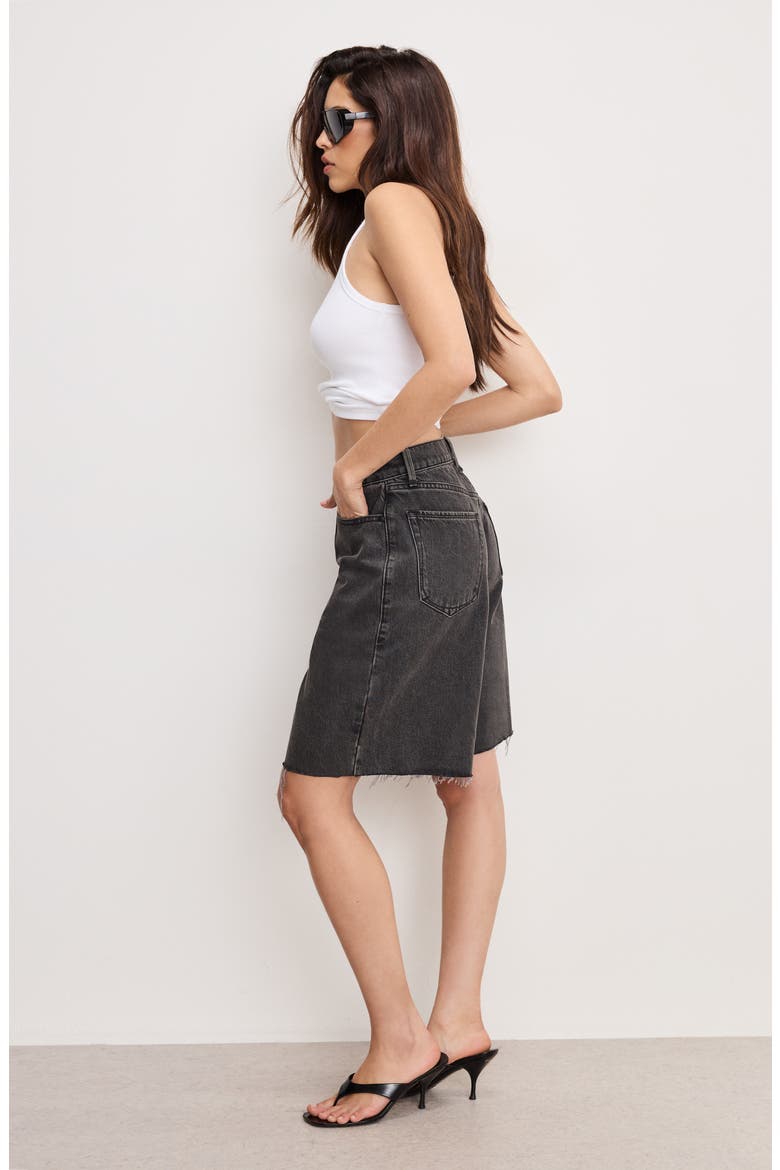 Good Extreme Raw Hem Denim Barrel Shorts, Alternate, color, BLACK398