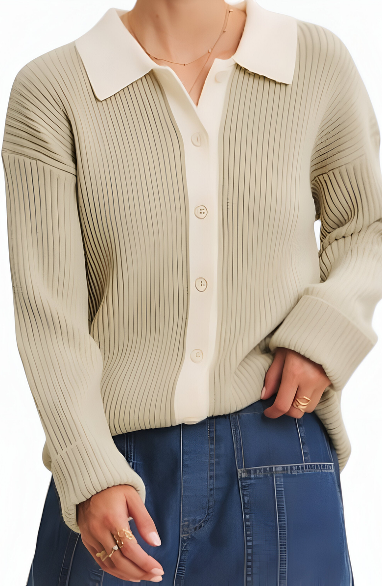 Modenaire Ribbed Knit Cardigan with Contrast Trim, Button Front and Point Collar, Alternate, color, 