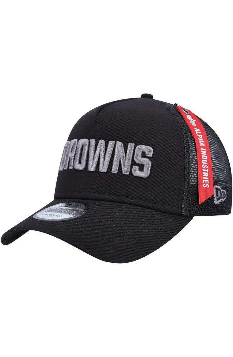 New Era x Alpha Industries Men's New Era x Alpha Industries  Black Cleveland Browns A-Frame 9FORTY Trucker Snapback Hat, Main, color, Black