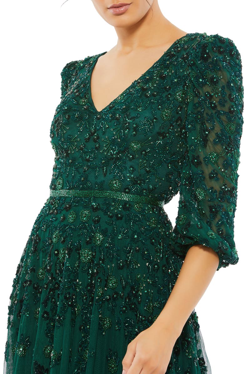 Mac Duggal Embellished V Neck 3/4 Sleeve A Line Gown, Alternate, color, Deep Emerald