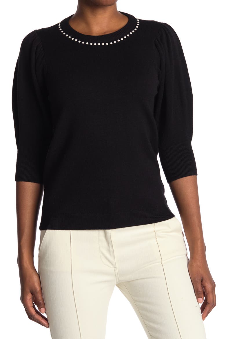Pearly Collar Puff Sleeve Sweater, Main, color, RICH BLACK