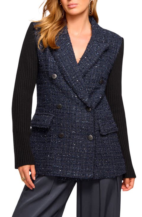 Elsa Rib Sleeve Double Breasted Tweed Blazer