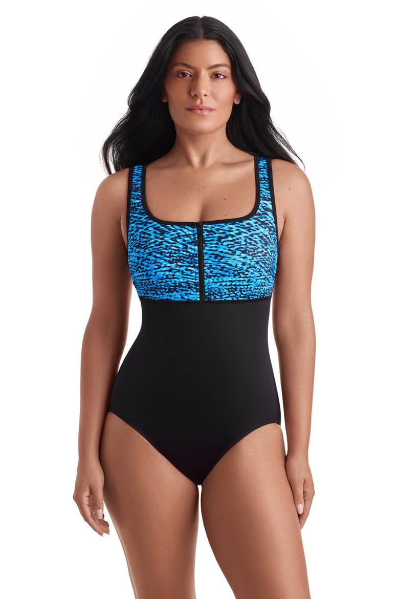 Scoopneck Zipper Tank Chlorine Resistant One-Piece Swimsuit, Main, color, Wild Waves