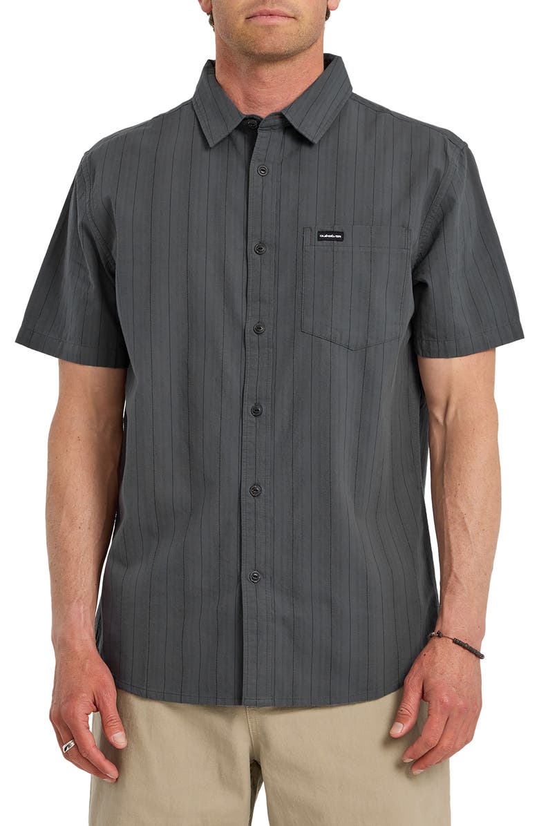Quiksilver Dobby Stripe Classic Short Sleeve Cotton Button-Up Shirt, Main, color, Iron Gate